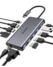 Load image into Gallery viewer, USB C Docking Station, MAVINEX 12 in 1 Triple Display USB C Hub with Dual 4K HDMI &amp; 1080P VGA, 100W Power Delivery, 1Gbps Ethernet, USB-C &amp; 4 USB-A Data Ports, SD TF Card Reader, for MacBook &amp; Windows
