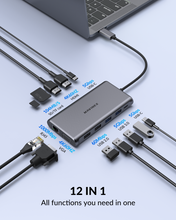Load image into Gallery viewer, USB C Docking Station, MAVINEX 12 in 1 Triple Display USB C Hub with Dual 4K HDMI &amp; 1080P VGA, 100W Power Delivery, 1Gbps Ethernet, USB-C &amp; 4 USB-A Data Ports, SD TF Card Reader, for MacBook &amp; Windows
